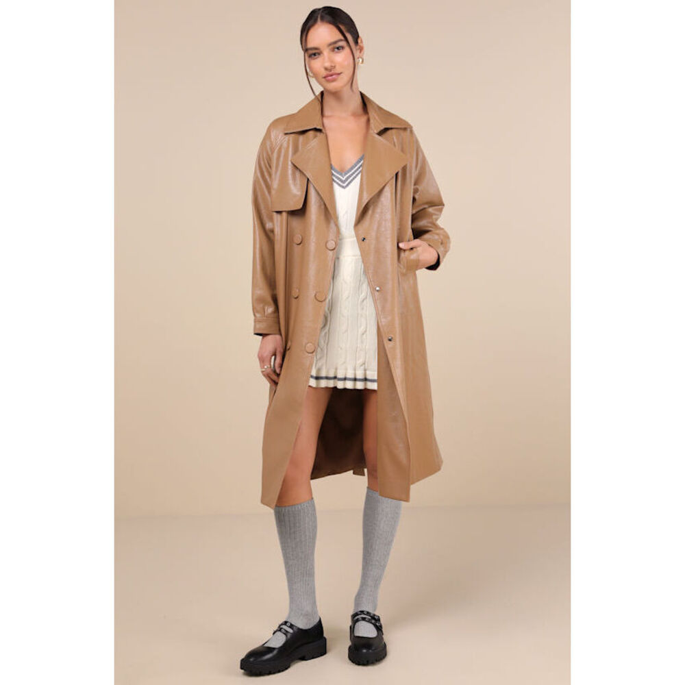Lulus Seasonally Posh Tan Vegan Leather Trench Coat Brown - Size XS